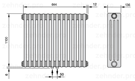 Схема (чертеж) Радиатор Zehnder Charleston 4110/14 №3470 Белый глянцевый RAL 9016
